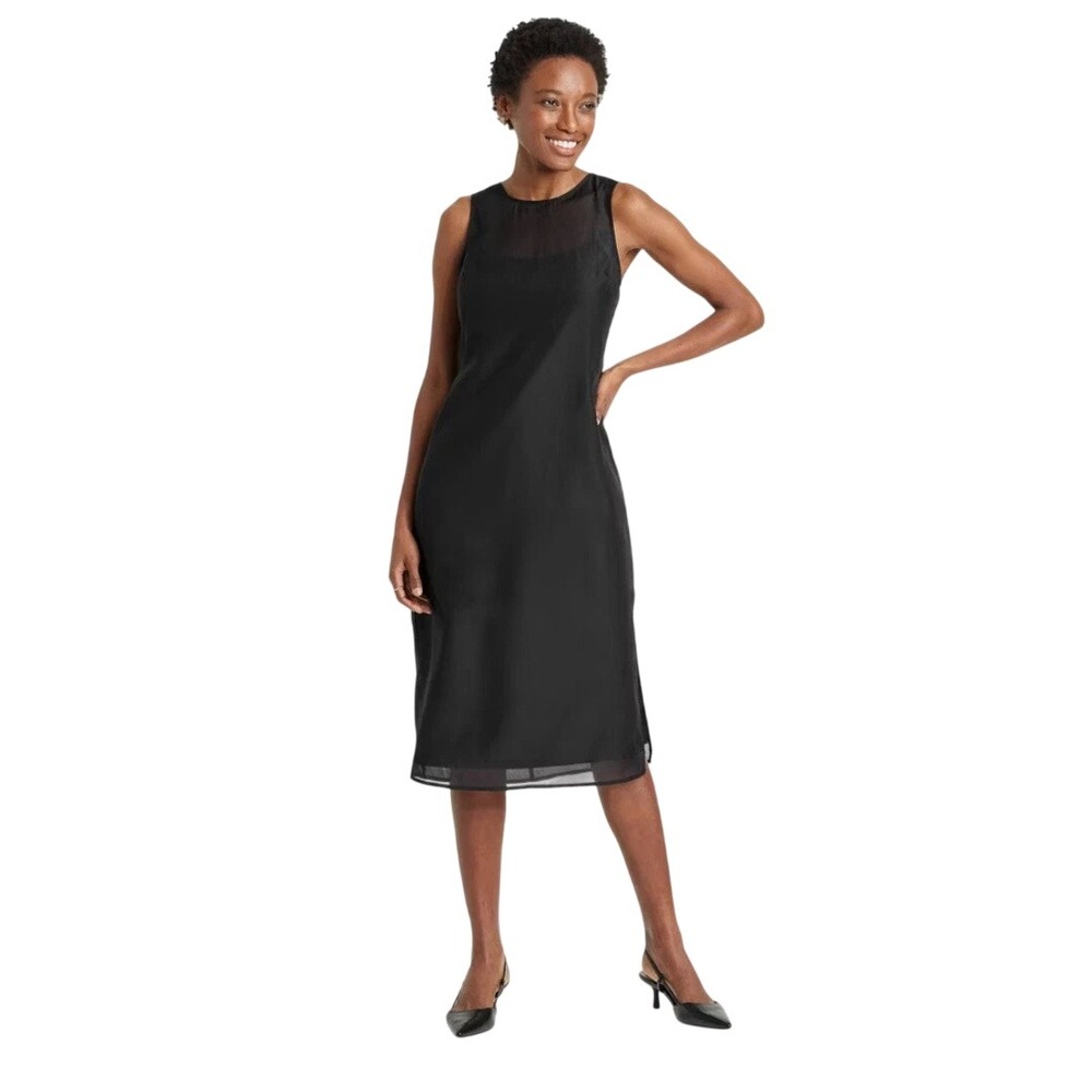 A New Day Women's Black Sheer Organza Midi Shift Dress Size Small